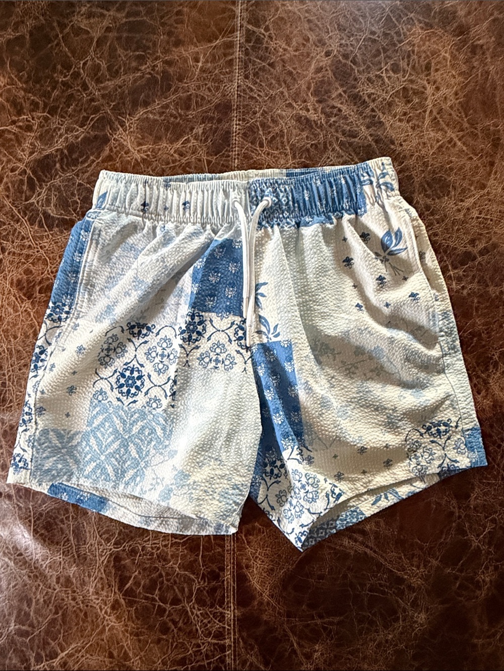 Hollister Light Blue & White Patchwork Swim Shorts